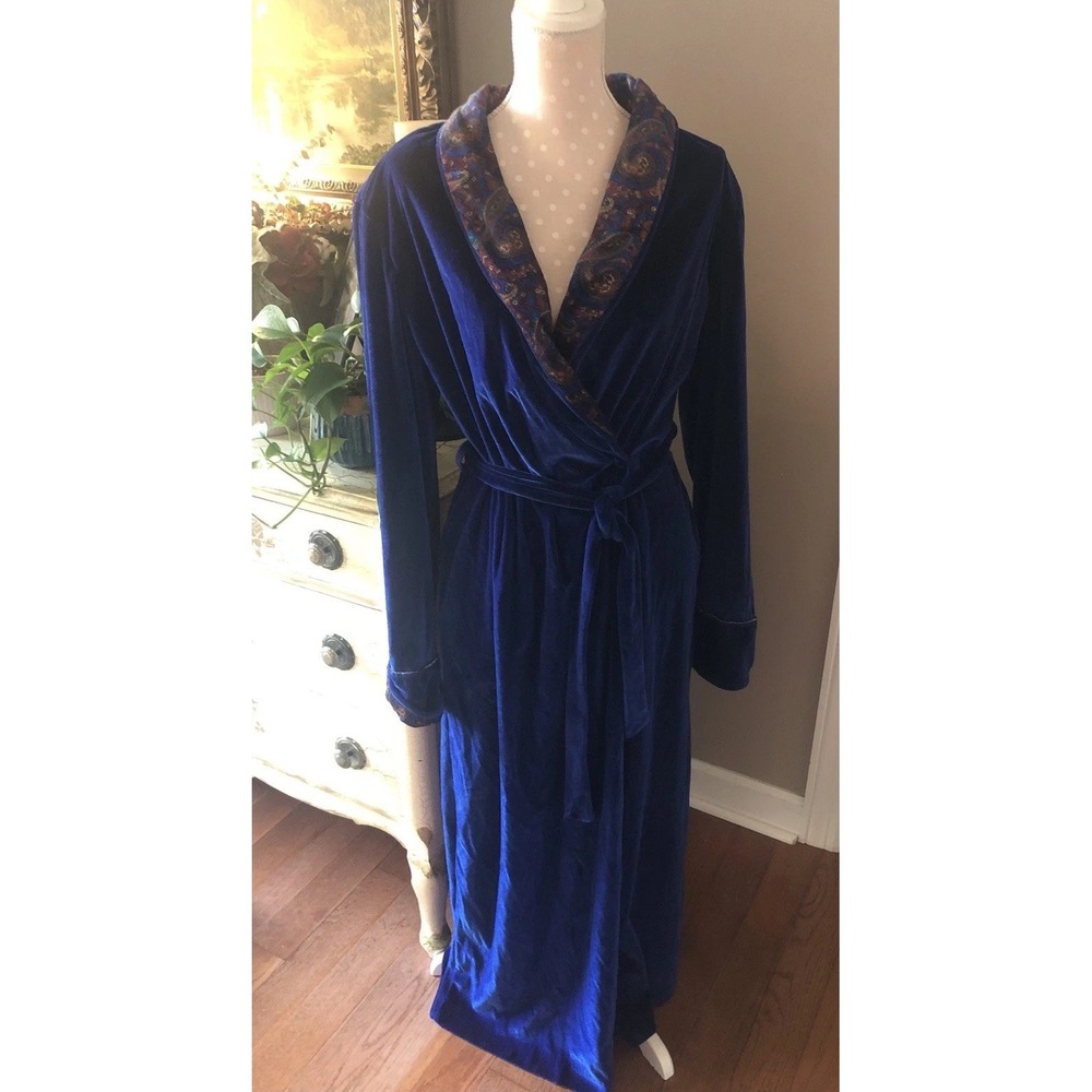 Vtg Evelyn Pearson Robe Velour Royal Blue Paisley Trim Long Belted Women's M